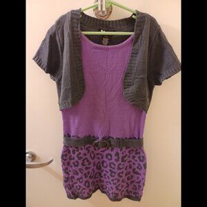 Girl's Purple & Gray Leopard Print Size 14 Knitted Short Sleeve Belted Dress